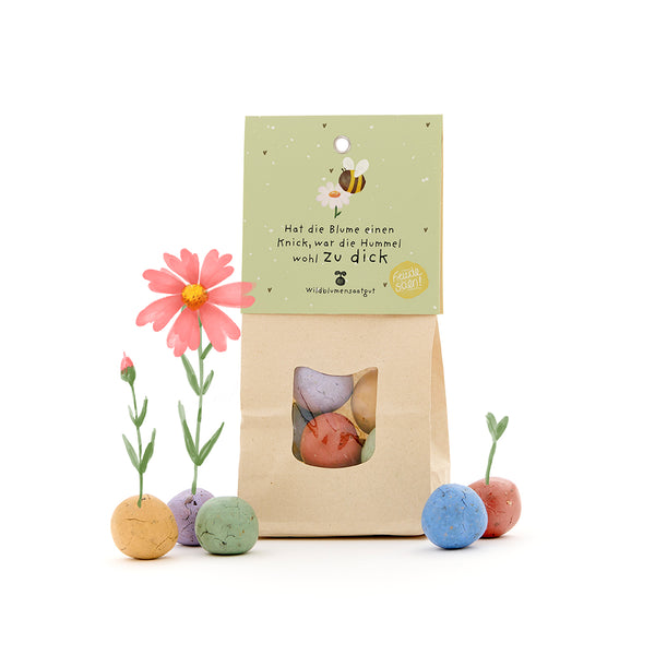 Sac en papier avec des bombes à graines colorées et l'inscription « Si la fleur est courbée, le bourdon était probablement trop gros », à côté des fleurs épanouies des bombes à graines.