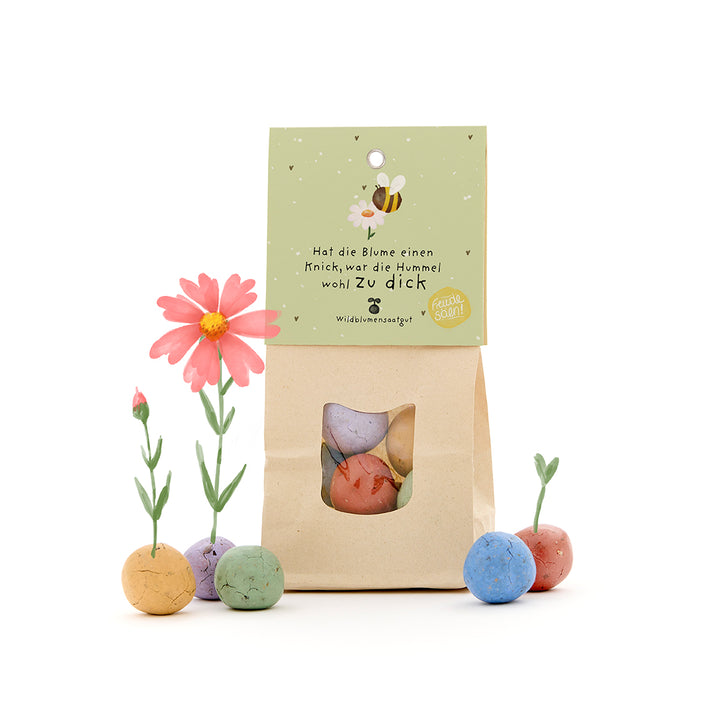 Sac en papier avec des bombes à graines colorées et l'inscription « Si la fleur est courbée, le bourdon était probablement trop gros », à côté des fleurs épanouies des bombes à graines.