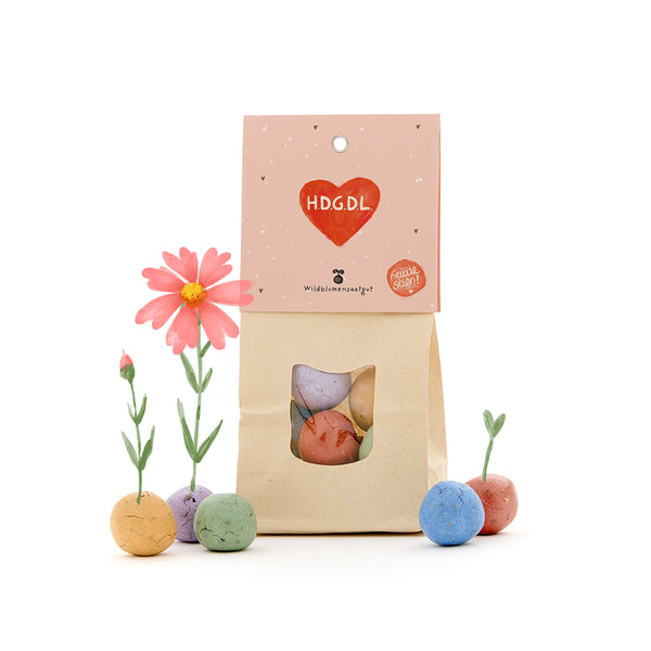 Pack de bombes de graines et de fleurs sauvages constituées de boules colorées, certaines déjà en train de germer, avec étiquette rose "HDGDL".