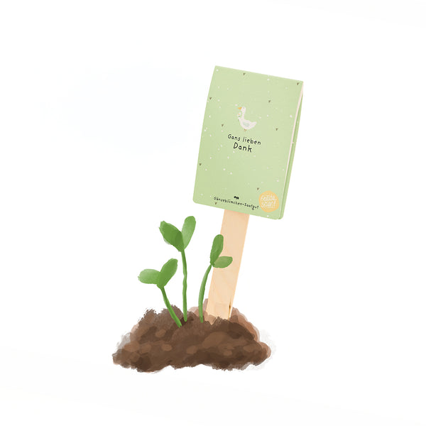 Illustration de jeunes plantes poussant hors de la terre, à côté d'un bâton en bois avec un panneau vert indiquant « Gans lieben Dank » et un dessin d'une oie.