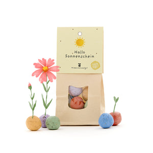 Sac en papier avec l'inscription « Hello Sunshine » et des bombes de graines colorées poussant à partir de fleurs.