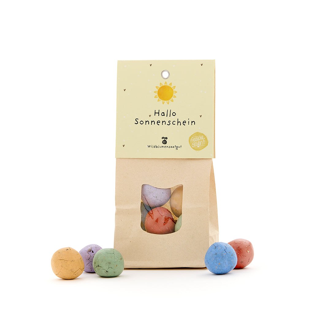 Sac en papier avec une fenêtre de visualisation, rempli de boules de graines colorées, étiquette avec l'inscription « Hello Sunshine ».