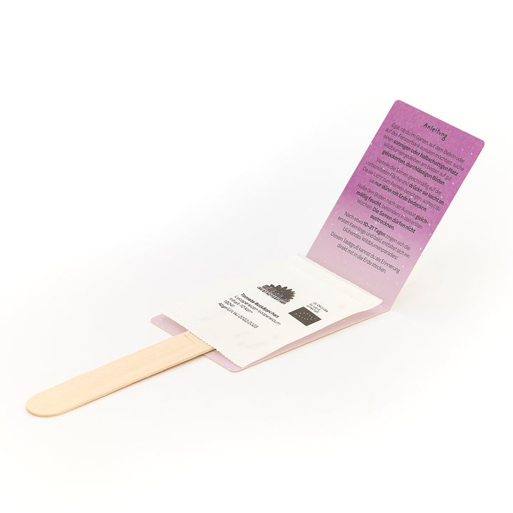 Un kit de plantation avec des bâtons en bois, des sachets de graines et des instructions dépliées sur du carton violet.