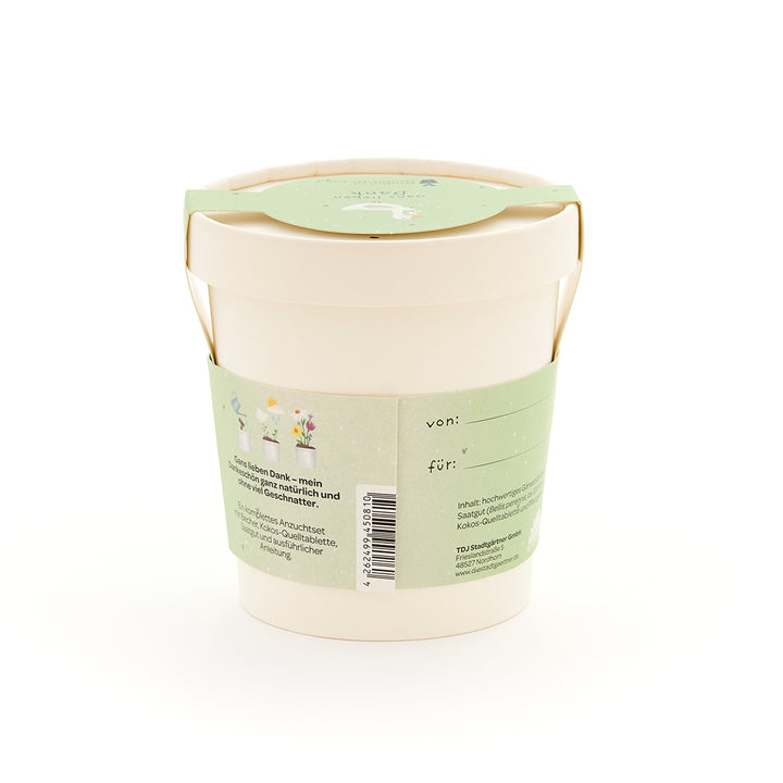 Pot de fleurs beige avec étiquette verte, inscription et illustrations de plantes, dos avec espace pour étiqueter "de" et "pour".