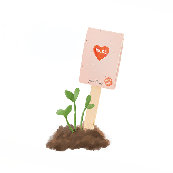 Illustration d'une petite plante dans le sol avec un panneau avec un cœur rouge et les lettres "HDGDL".