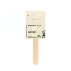 Utilisez un panneau en papier rectangulaire, avec des champs de texte « de : » et « pour : » et des informations sur les graines de haricots verts en allemand.