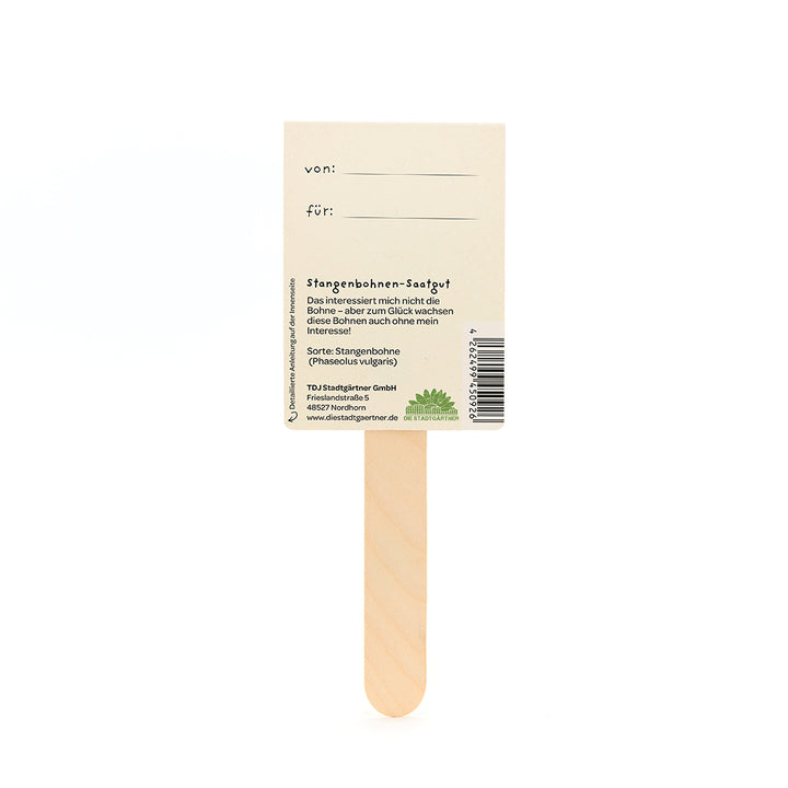 Utilisez un panneau en papier rectangulaire, avec des champs de texte « de : » et « pour : » et des informations sur les graines de haricots verts en allemand.
