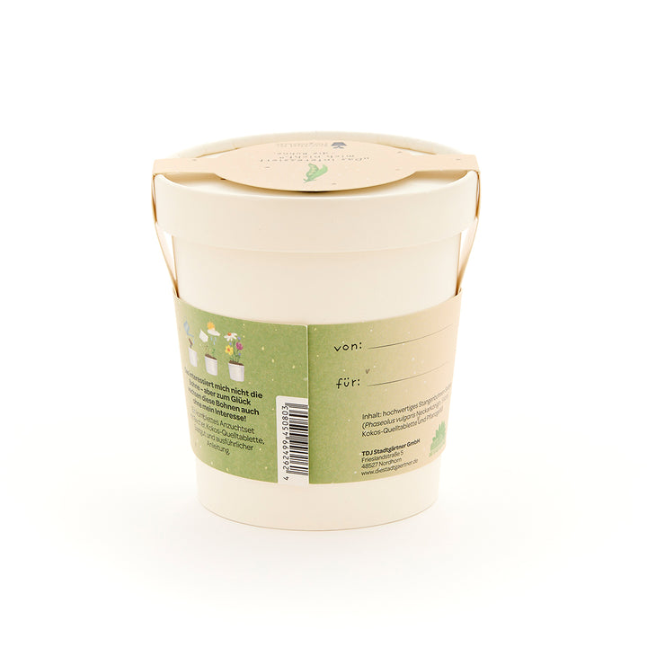 Pot de fleurs beige avec étiquette verte, champs de texte « de : » et « pour : » et description et dessins des plantes au dos.