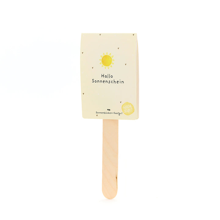 Bâton en bois avec une carte jaune sur laquelle est écrit « Hello Sunshine » et avec un soleil dessus.