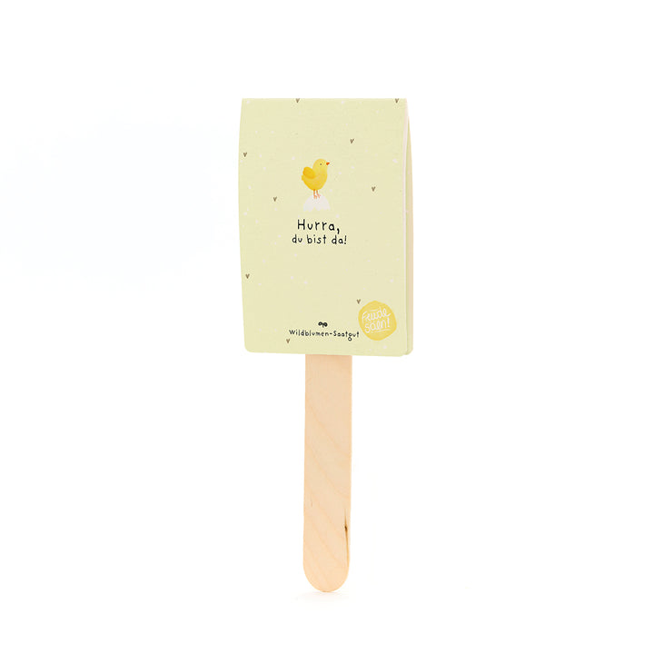 Carte jaune avec illustration de poussin et le texte « Hourra, vous êtes là ! » sur un bâton en bois.