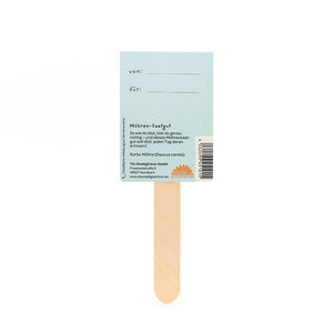 Dos d'une étiquette de graines de carottes sur un bâton en bois avec des champs pour « de » et « pour » et des informations sur les graines de carottes en allemand.