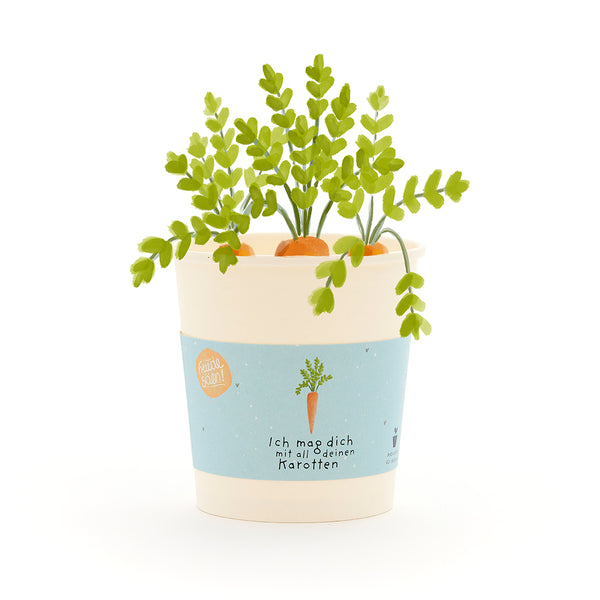 Pot de fleurs avec des petits plants de carottes et une étiquette sur laquelle est écrit « Je t'aime avec toutes tes carottes ».