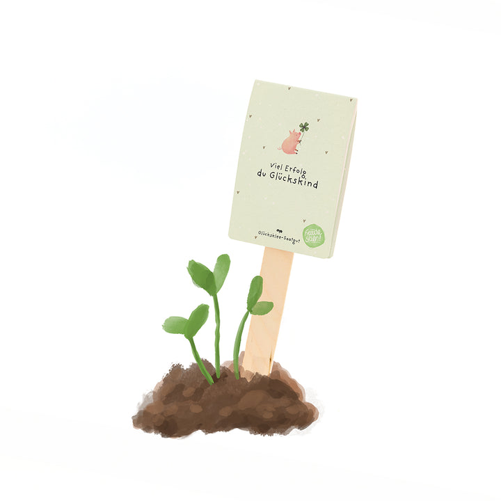 Une petite plante pousse dans le sol, à côté d’elle se trouve un panneau sur lequel est écrit « Bonne chance, enfant chanceux ».