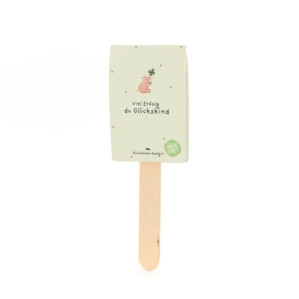 Un bâton en bois avec une carte représentant un cochon avec une feuille de trèfle et le texte « Bonne chance, enfant chanceux ».