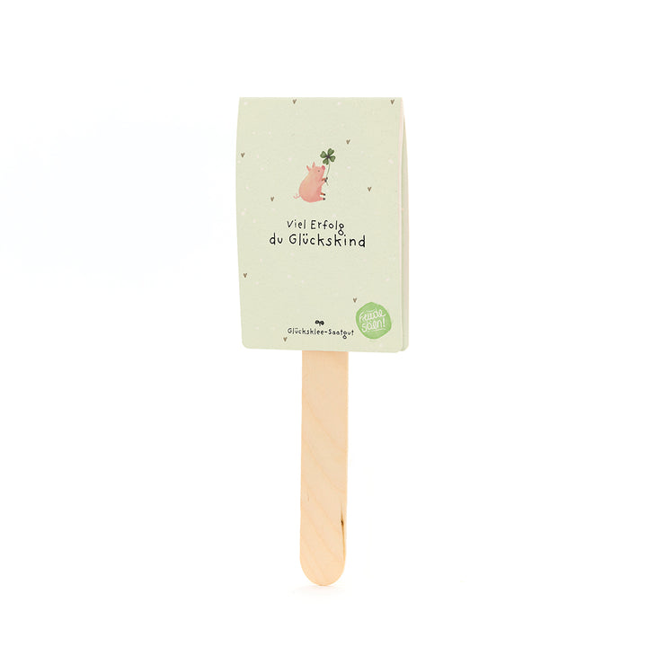 Un bâton en bois avec une carte représentant un cochon avec une feuille de trèfle et le texte « Bonne chance, enfant chanceux ».