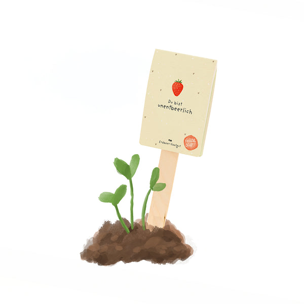 Illustration d'un petit plant de fraisier dans le sol avec un panneau indiquant « Vous êtes indispensable » et une fraise dessinée.