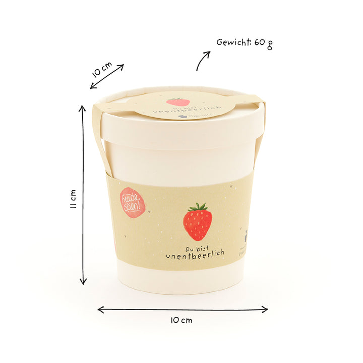 Mug avec motif fraise et inscription « Vous êtes indispensable », dimensions 11 cm de hauteur, 10 cm de diamètre, poids 60 g.