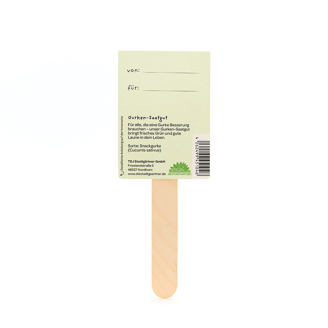 Dos d'un bâtonnet de graines de concombre en bois avec les étiquettes « de » et « pour » et les informations sur le produit.