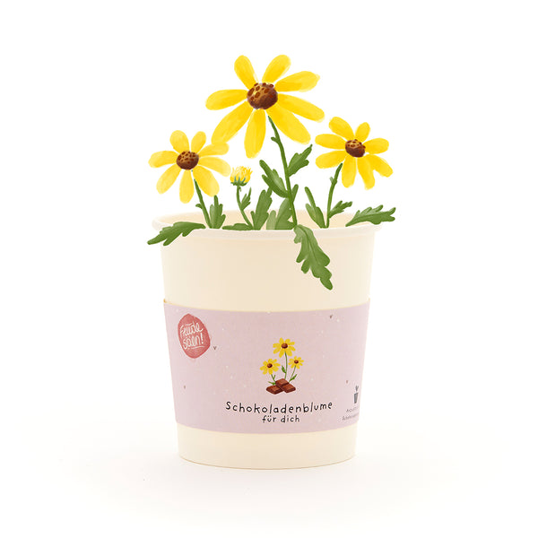 Tasse avec fleurs en chocolat jaune et feuillage vert, étiquette avec l’inscription « Fleur en chocolat pour toi ».