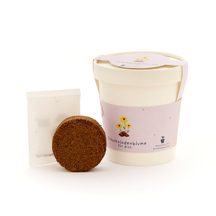 Ensemble de pots de fleurs avec pot de culture, terreau et sachet de graines pour fleur en chocolat.