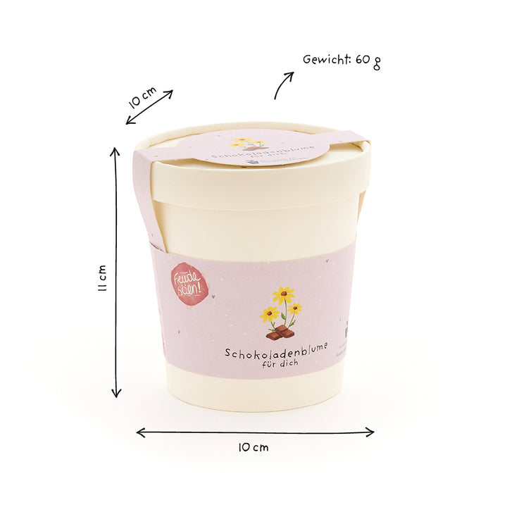 Pot de fleurs beige avec banderole violette, inscription "Fleur en chocolat pour toi", dimensions 11 cm de haut, 10 cm de large et poids 60 g.