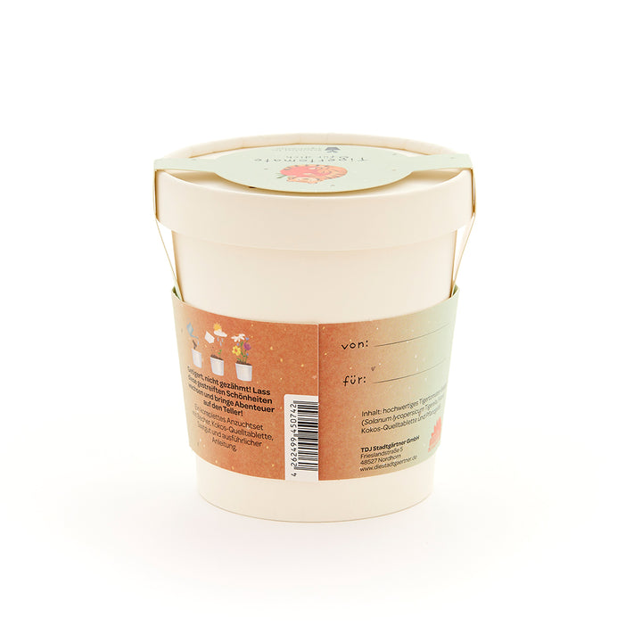 Pot de fleurs beige avec banderole décorative et espace pour une étiquette « de » et « pour », sur fond blanc.