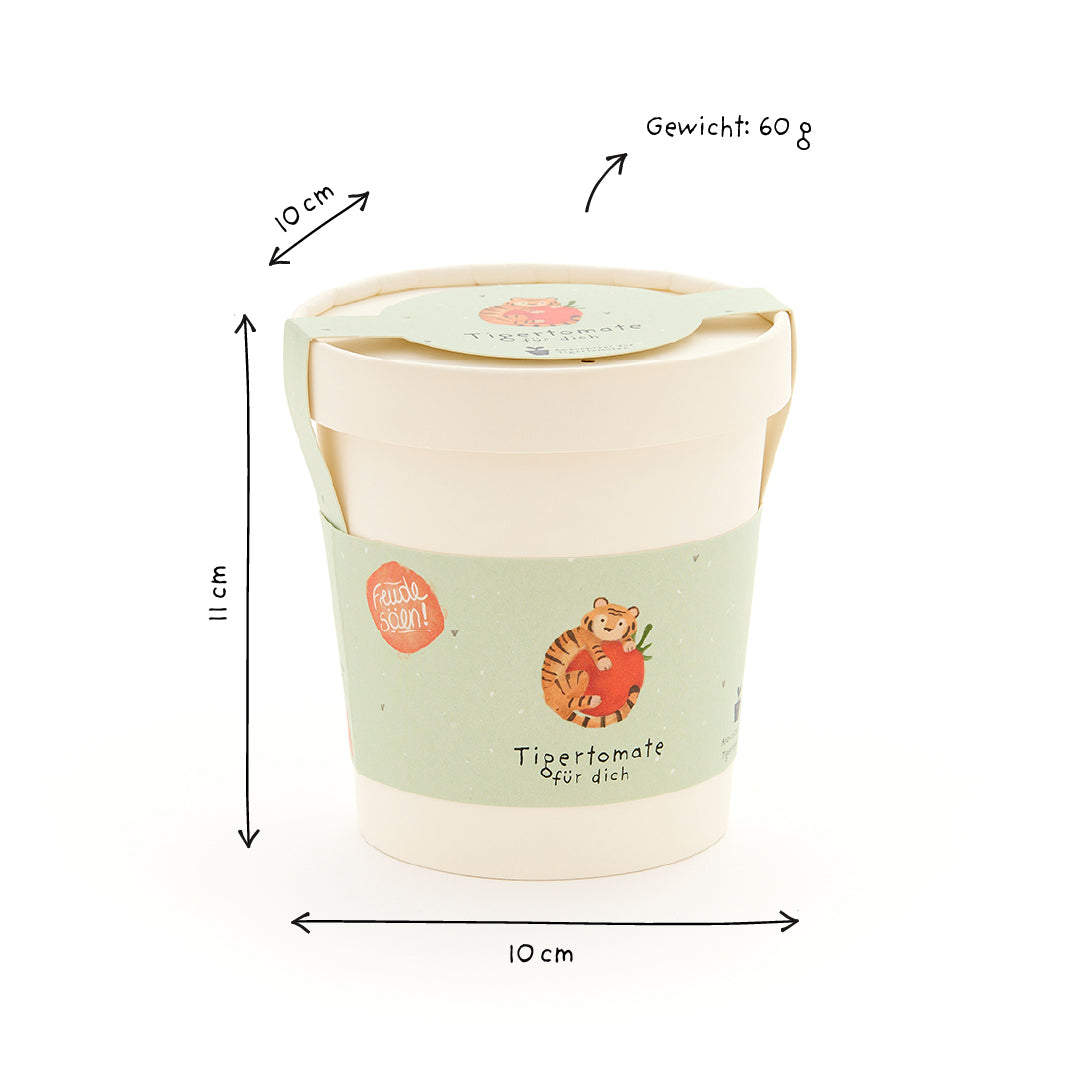 Mug avec illustration de tomate tigrée, 11 cm de hauteur, 10 cm de diamètre, poids 60 g.