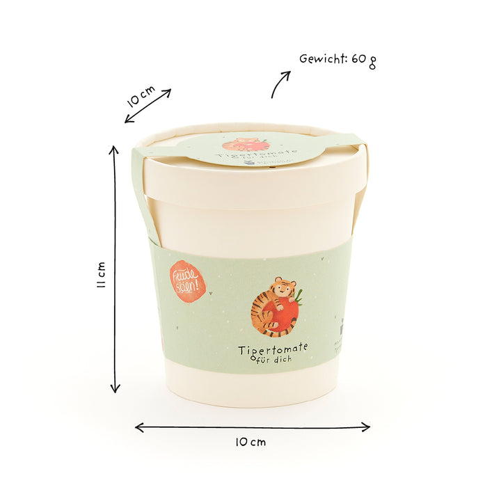 Mug avec illustration de tomate tigrée, 11 cm de hauteur, 10 cm de diamètre, poids 60 g.