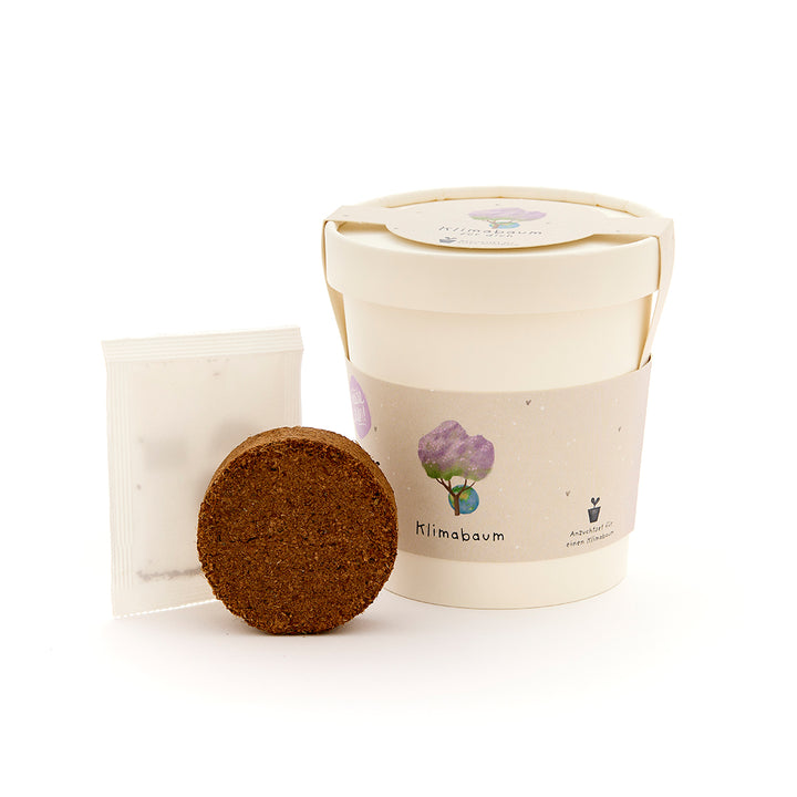 Kit de plantation avec godet de culture, pastille de terreau et sachet de graines pour arbre climatique.