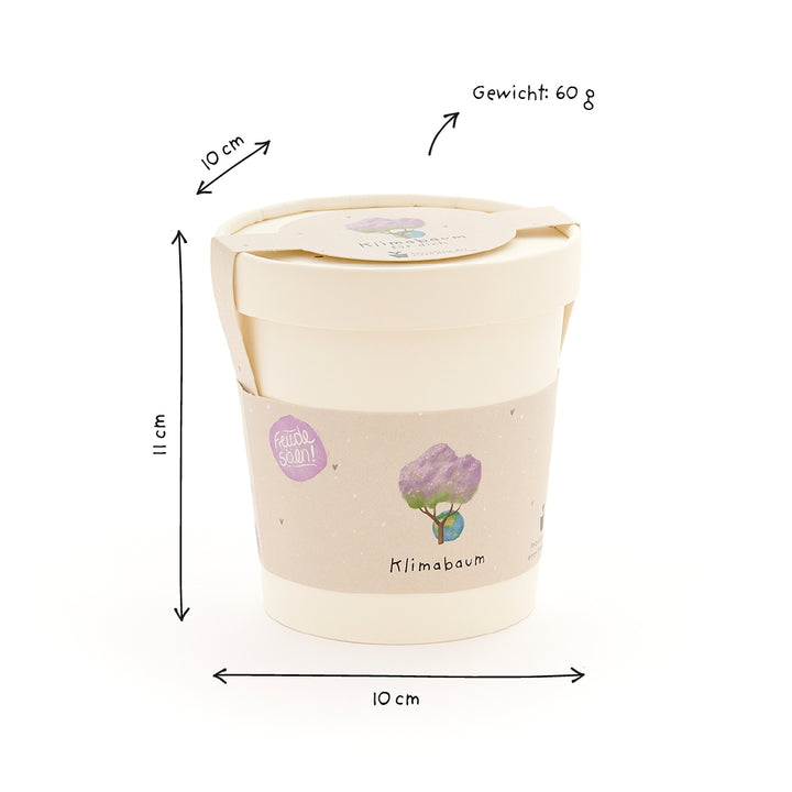 Tasse beige avec couvercle, étiquetée « Arbre Climat », dimensions dessinées à la main (10 cm de diamètre, 11 cm de hauteur) et poids (60 g) sur fond blanc.