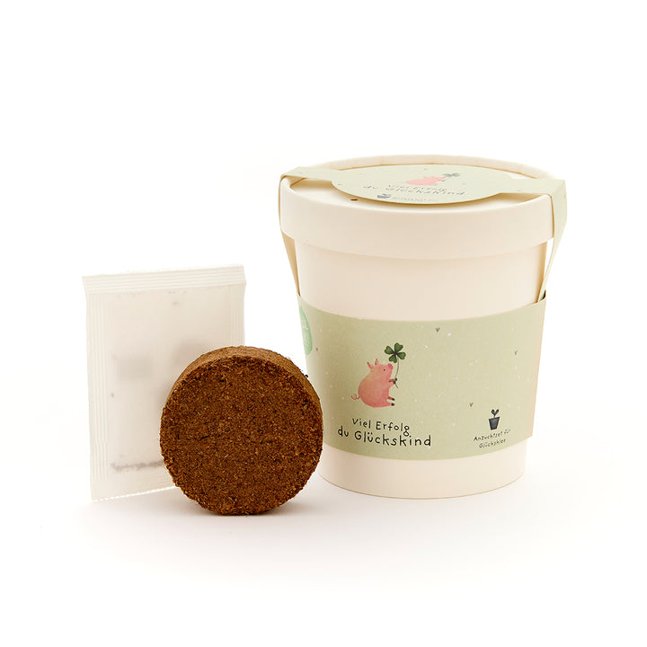 Kit de plantation avec tasse, terreau et sachet de graines, sur la tasse un cochon avec une feuille de trèfle et les mots "Bonne chance, enfant chanceux".