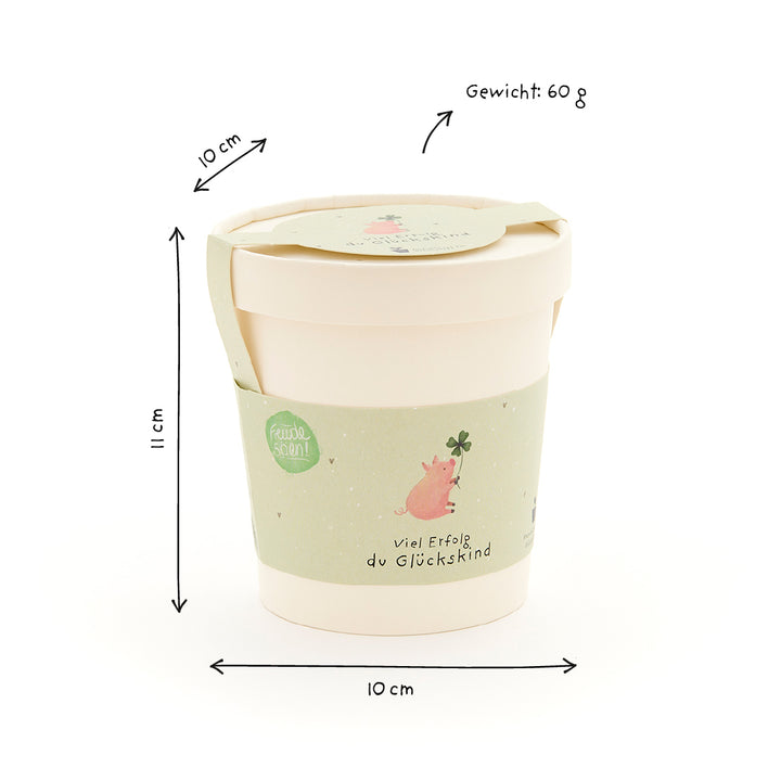 Mug avec étiquette verte, cochon et trèfle, dimensions 11 cm de hauteur, 10 cm de diamètre, poids 60 g.