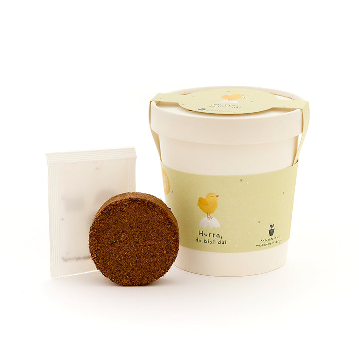 Ensemble de plantation avec tasse, terreau et sachet de graines, tasse avec étiquette verte et poussin jaune et l'inscription "Hourra, vous êtes là !".