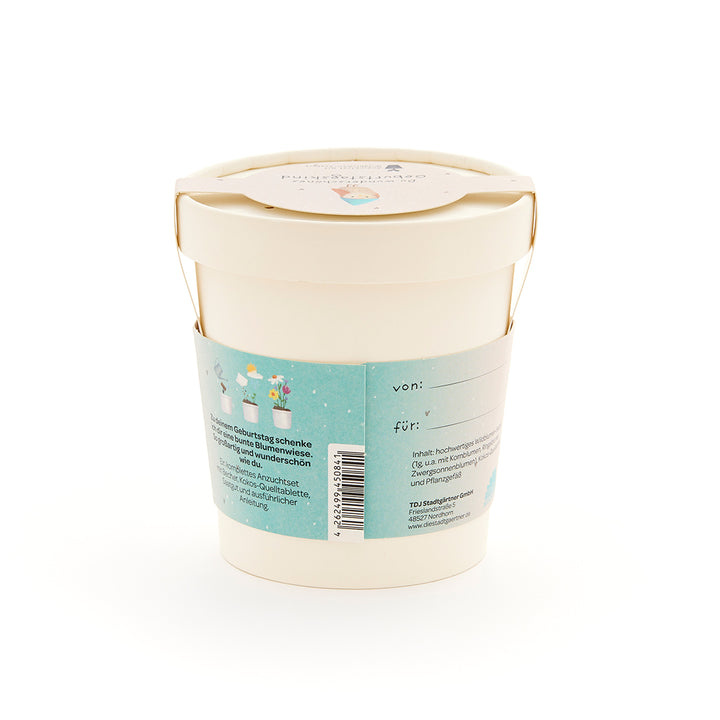 Pot de fleurs beige avec étiquette et anse bleues, coffret cadeau pour une prairie fleurie, étiquettes "de" et "pour" visibles.