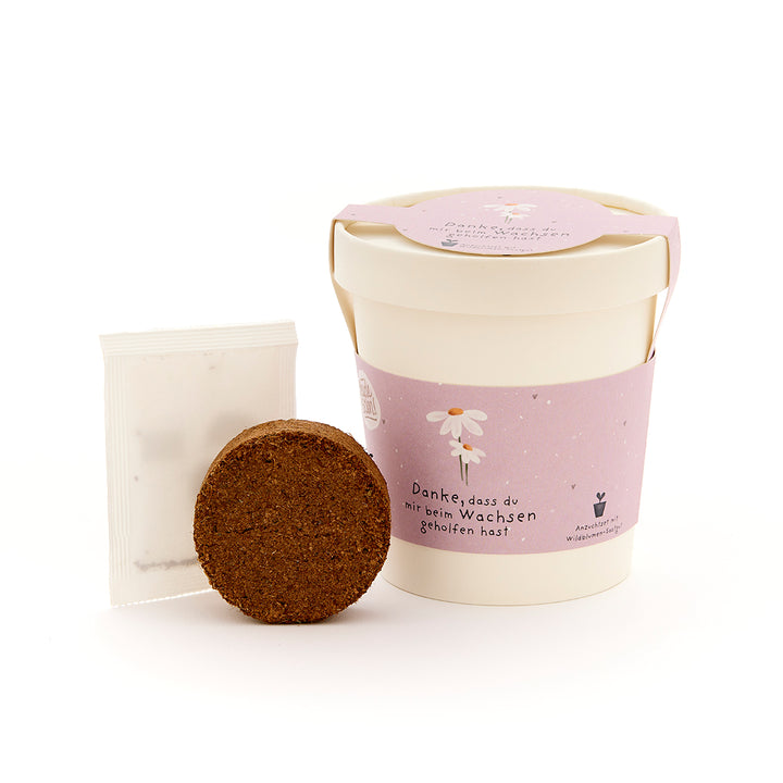 Un kit de plantation avec une tasse violette, de la terre et un sachet de graines sur lequel est écrit : « Merci de m'aider à grandir. »