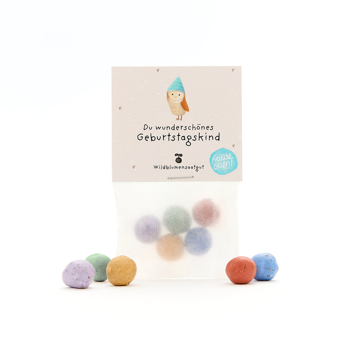 Un sachet de boules de graines de fleurs sauvages colorées et une carte d’anniversaire avec l’inscription « Toi, magnifique enfant fêté ».