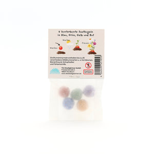 Cinq boules de graines colorées dans un emballage transparent avec des instructions étiquetées en allemand.