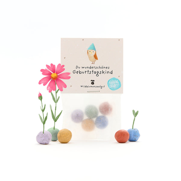 Un sac de boules de graines colorées, une étiquette sur laquelle est écrit « Belle fille qui fête son anniversaire » et une fleur rose.