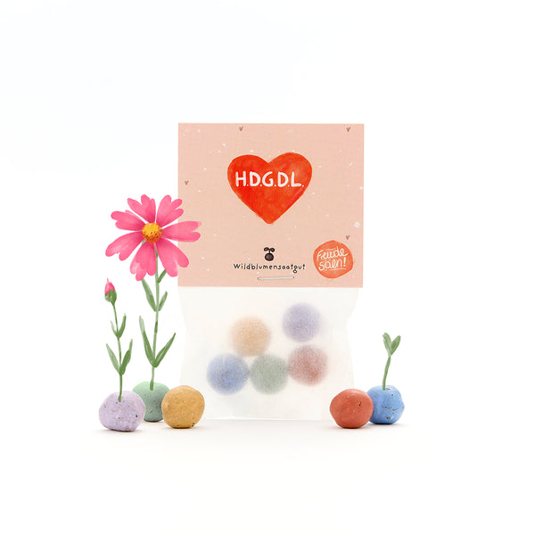 Sachet de boules de graines colorées, à côté de graines en fleurs et en germination, emballage avec un cœur rouge et l'inscription « H.D.G.D.L. » et « Wildflower Seeds ».