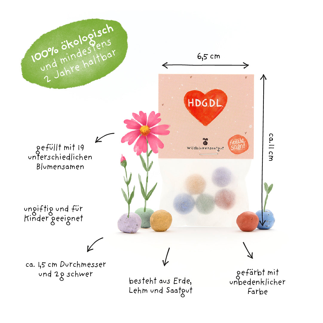 Emballage contenant des boules de graines colorées, étiquetées avec des informations sur la qualité biologique, la teneur en graines de fleurs, la sécurité pour les enfants, la taille et la composition du sol, de l'argile et des graines.