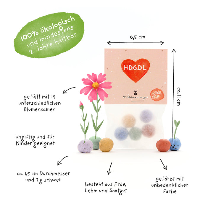 Emballage contenant des boules de graines colorées, étiquetées avec des informations sur la qualité biologique, la teneur en graines de fleurs, la sécurité pour les enfants, la taille et la composition du sol, de l'argile et des graines.