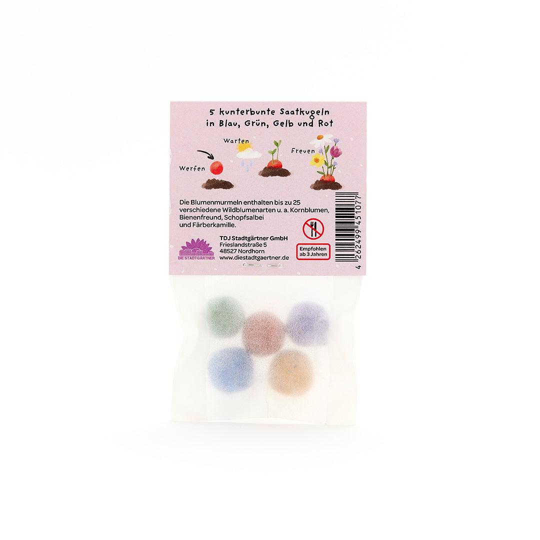 Sachet contenant cinq boules de graines colorées en bleu, vert, jaune et rouge, texte d'emballage en allemand.