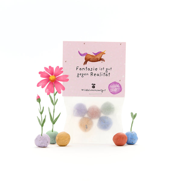 Sachet contenant des boules de graines colorées, deux fleurs en fleurs et l'inscription « L'imagination est bonne contre la réalité » sur une carte rose avec une licorne.