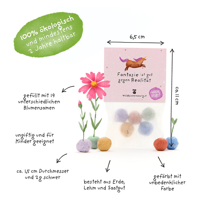 Paquet de boules de graines colorées, étiquetées avec des informations telles que « 100% biologique », graines de fleurs assorties, non toxiques et adaptées aux enfants, diamètre environ 1,5 cm, composées de terre, d'argile et de graines, colorées et avec une durée de conservation d'au moins 2 ans.