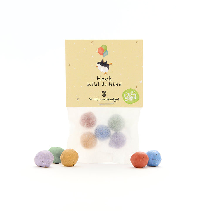 Sachet de boules de graines colorées avec une étiquette représentant un pingouin volant tenant des ballons et le texte « Longue vie aux graines de fleurs sauvages ».