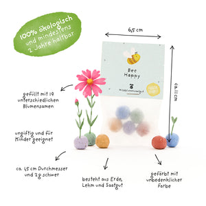 Sachet de boules de graines colorées "Bee Happy", bio, env. 6,5 x 11 cm, rempli de 19 graines de fleurs différentes, adapté aux enfants, composé de terre, d'argile et de colorants non toxiques.