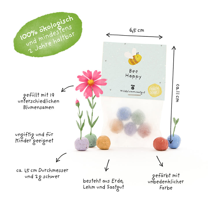 Sachet de boules de graines colorées "Bee Happy", bio, env. 6,5 x 11 cm, rempli de 19 graines de fleurs différentes, adapté aux enfants, composé de terre, d'argile et de colorants non toxiques.