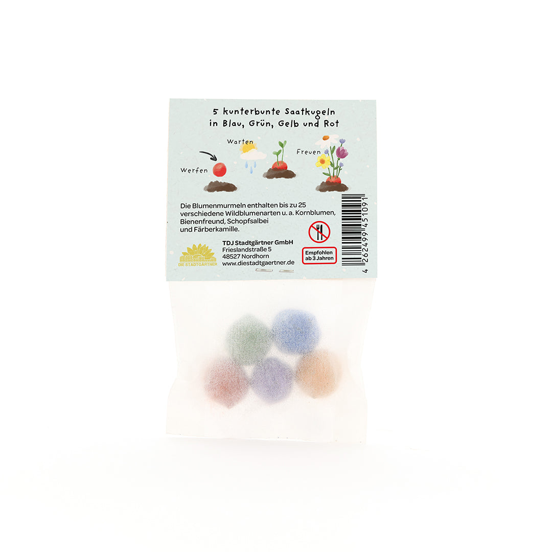 Cinq boules de graines colorées dans un emballage transparent, avec instructions et illustrations en allemand sur l'étiquette.