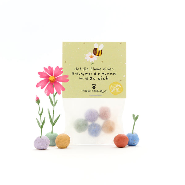 Un sac contenant des boules de graines colorées, des fleurs en fleurs et une étiquette avec une abeille et le dicton : « Si la fleur est courbée, le bourdon était probablement trop gros. »