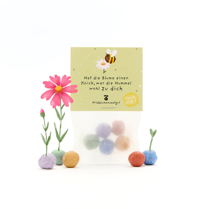 Un sac contenant des boules de graines colorées, des fleurs en fleurs et une étiquette avec une abeille et le dicton : « Si la fleur est courbée, le bourdon était probablement trop gros. »